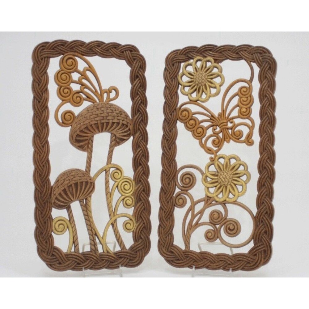 Pair 1970s Burwood Plastic Wall Hanging Butterfly & Mushroom 8 X 16" Vintage Set